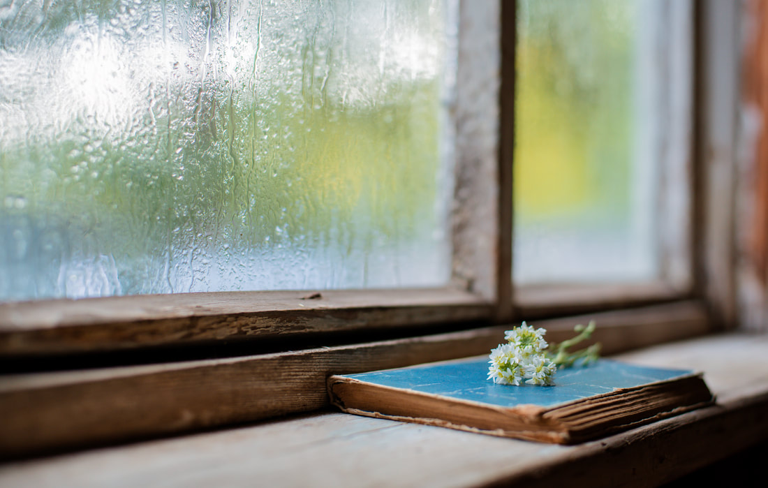 Wooden framed window with raindrops streaming down the glass, a blue book and white flower resting on the windowsill, creating a peaceful atmosphere for sleep and relaxation.