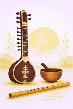Peaceful illustration of an Indian sitar, Tibetan singing bowl, and bamboo Japanese shakuhachi flute arranged together on the ground, with a soft glowing sun in the background. The scene has a calming, Eastern-inspired atmosphere, evoking balance, meditation, and relaxation.