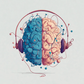 Fun drawing of a brain that is half blue and half brain colored with headphones on and lots of neuro activity happening to show how music can stimulate the brain is ways that help focus, creativity, and brain health