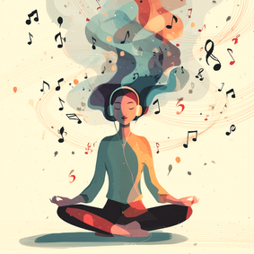 woman sitting cross-legged practicing mindfulness with brain health music