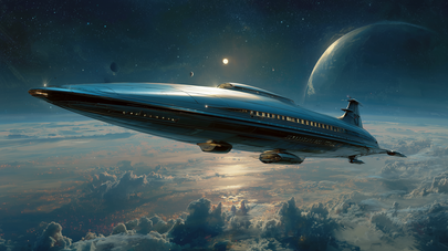 Space tourism poster of a large beautiful spaceship floating effortlessly in space with a shimmering cosmic cloudscape below showing the atmosphere of cosmic ambient music creating peace and calm 
